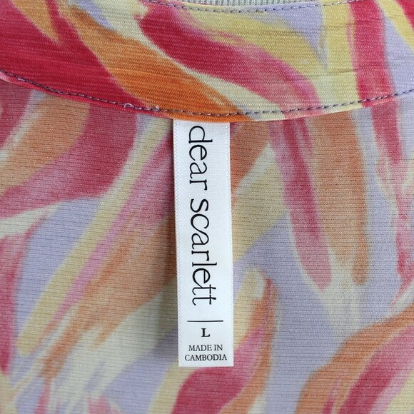 Dear Scarlett Lizzy Top Womens Size L Purple Pink Print 3/4 Sleeve Split Neck - Picture 7 of 7